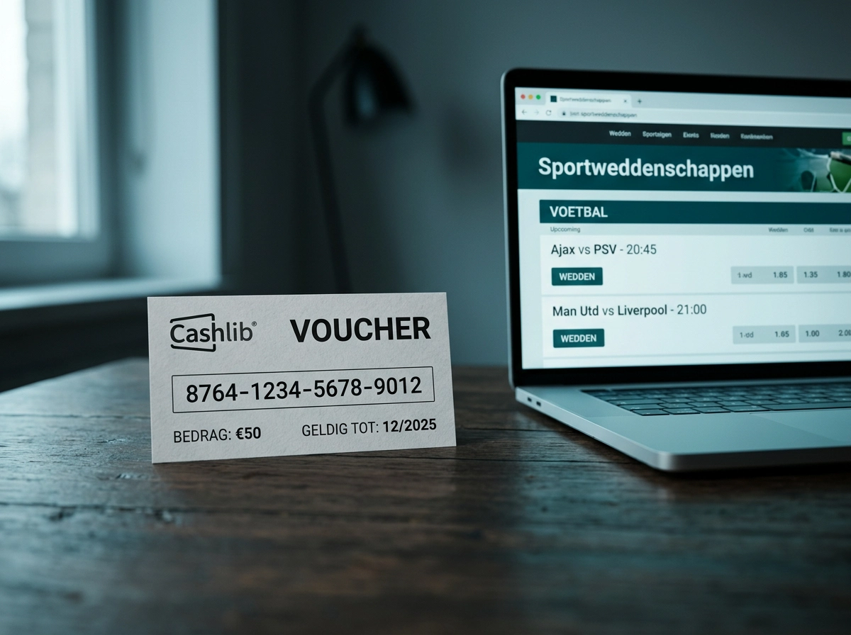 Cashlib voucher en sportweddenschappen in België: papieren ticket op een houten tafel naast een laptop met een wedaccount