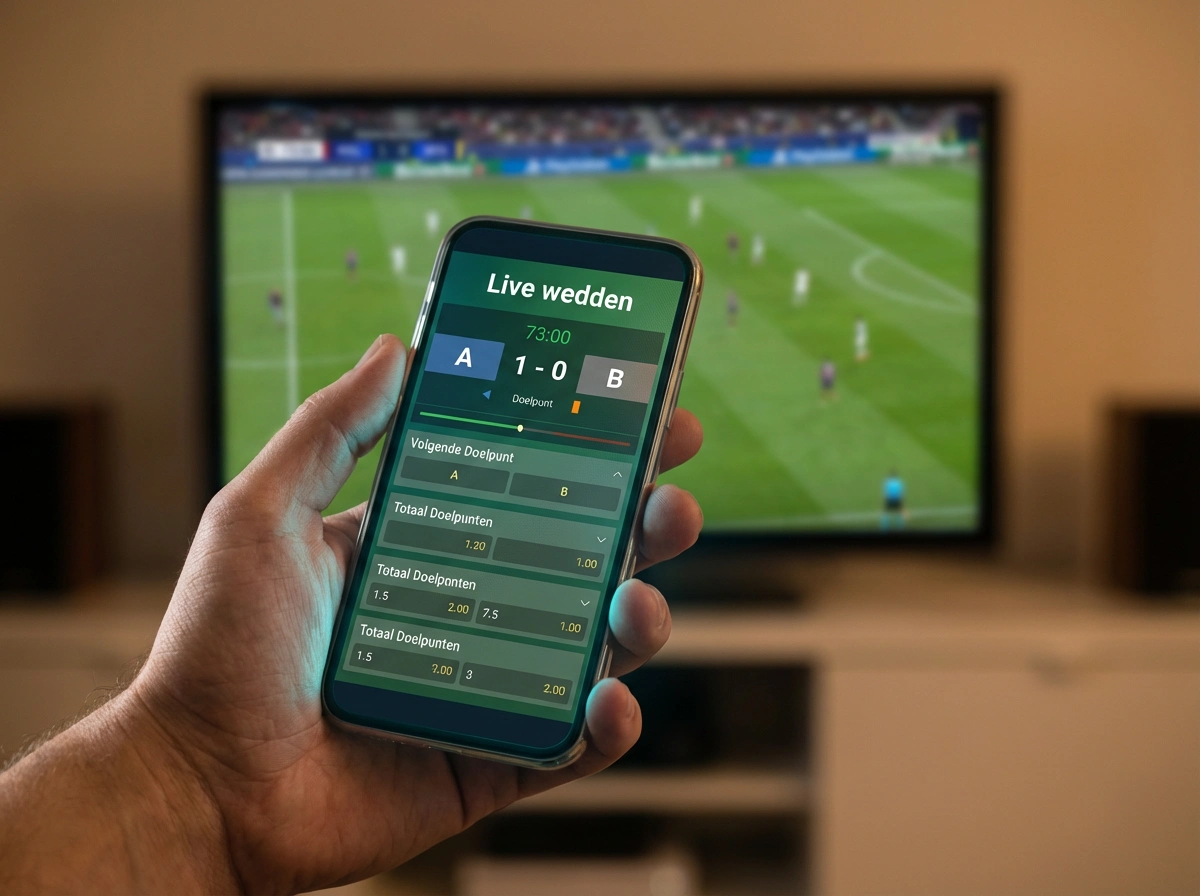 Smartphone toont een live-wedinterface tijdens een Jupiler Pro League voetbalwedstrijd