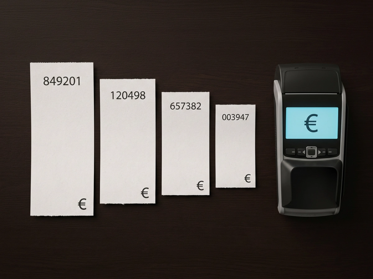 Vier prepaid vouchertickets en een Bancontact-betaalterminal naast elkaar op een tafel