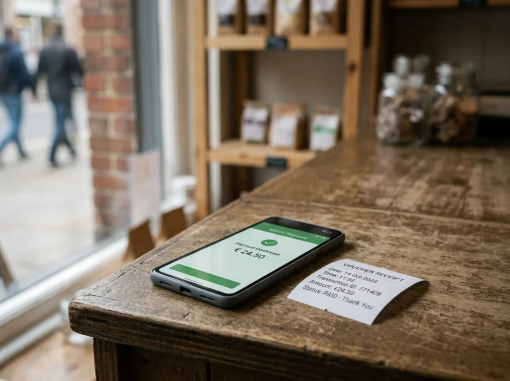 Een smartphone met de Bancontact Payconiq-app naast een Cashlib-voucher op een Belgische krantenwinkeltoonbank.
