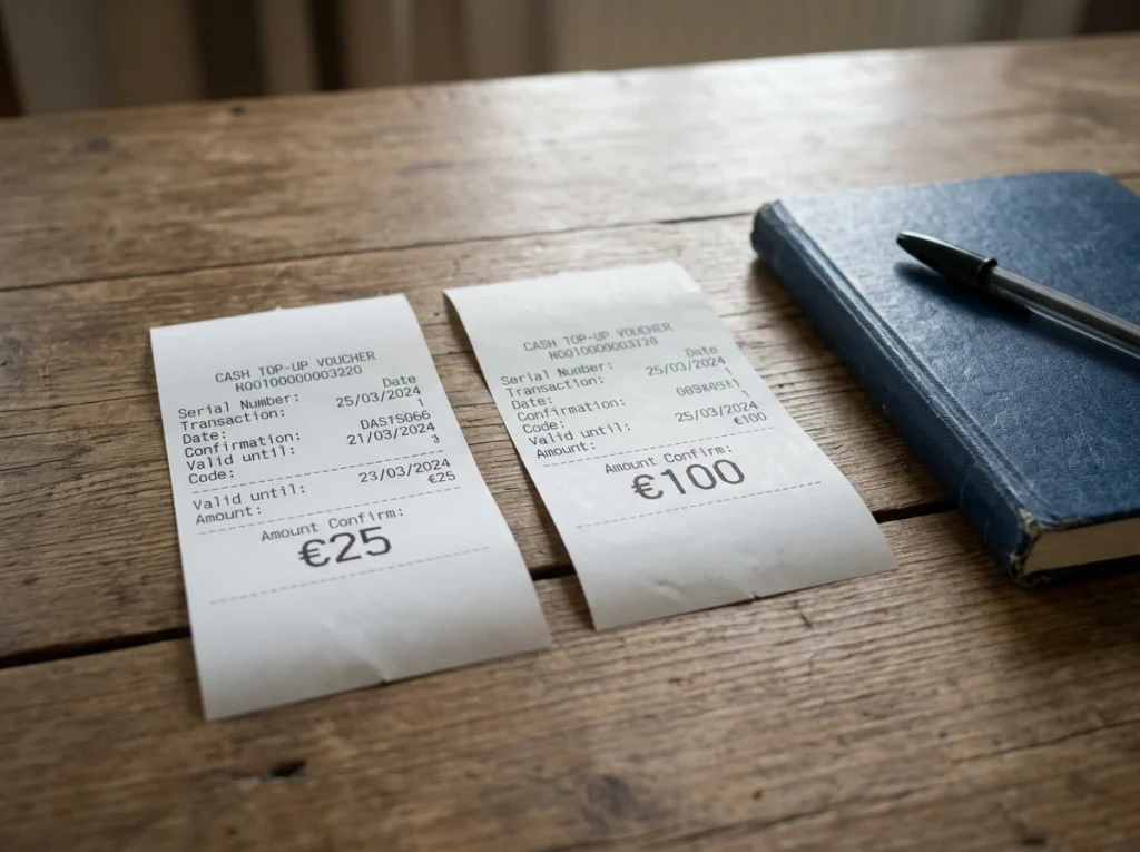Twee Cashlib-vouchers van vijfentwintig en honderd euro naast elkaar op een tafel met een notitieblok over weekplanning.