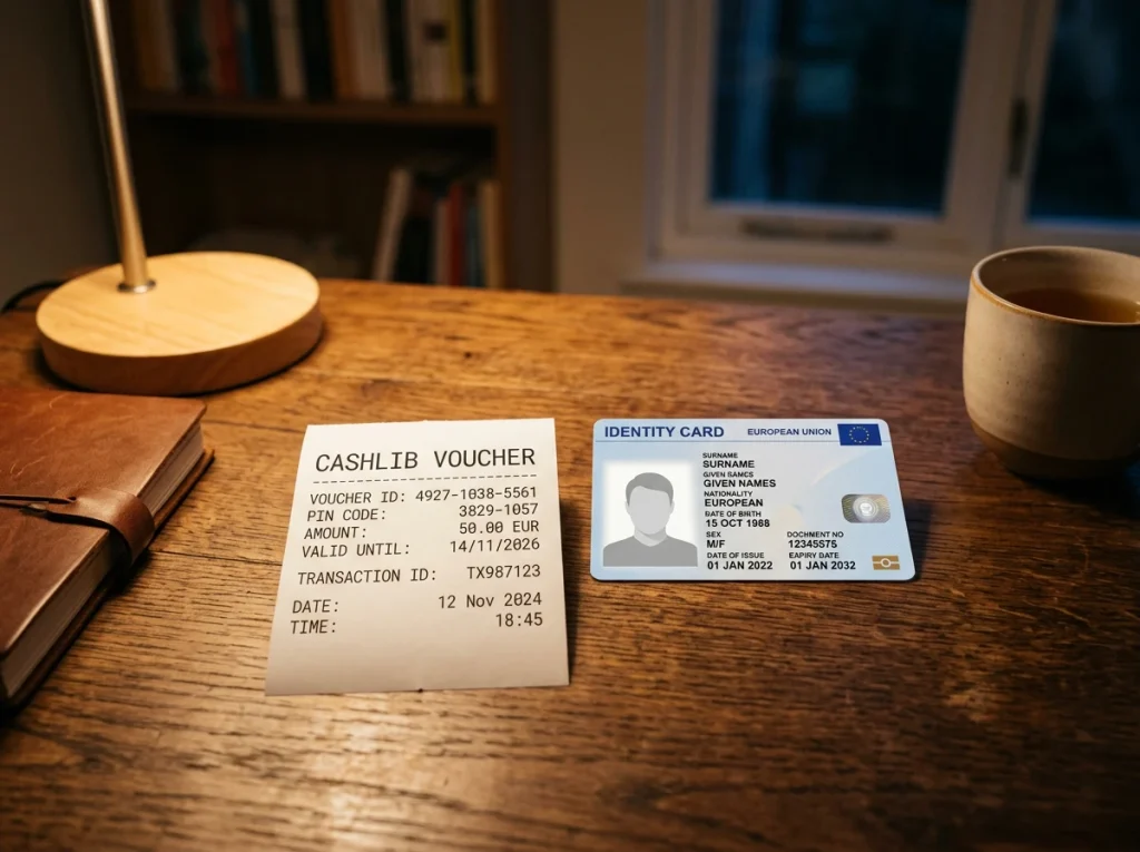 Een Cashlib-voucher met aankoopbon naast een Belgische identiteitskaart op een houten tafel onder een leeslamp.