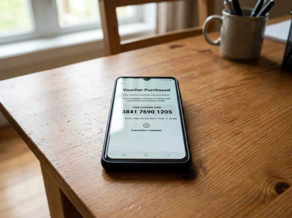 Smartphone met de beCHARGE-app waarop een Cashlib-voucher van vijftig euro wordt besteld als alternatief voor Dundle.