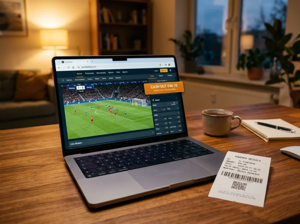 Een laptop die een live wedstrijd toont met een cash-out knop in beeld, naast een Cashlib-voucher op een bureau.
