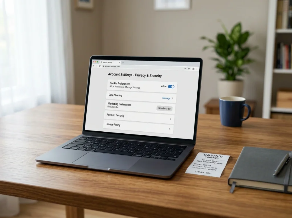 Een digitaal dataformulier met GDPR-vinkjes naast een Cashlib-voucher en een Belgische identiteitskaart op een tafel.
