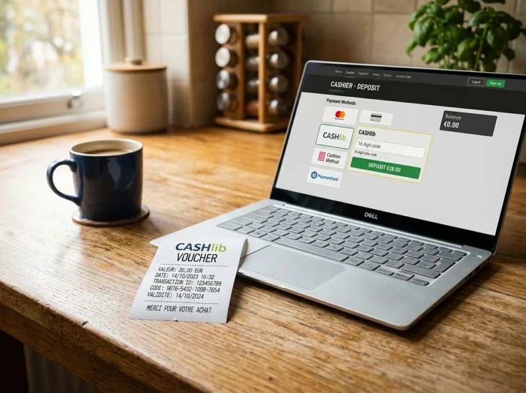 Een Cashlib-voucher van twintig euro op een keukentafel naast een geopende laptop met een Belgische bookmaker-cashiersectie.