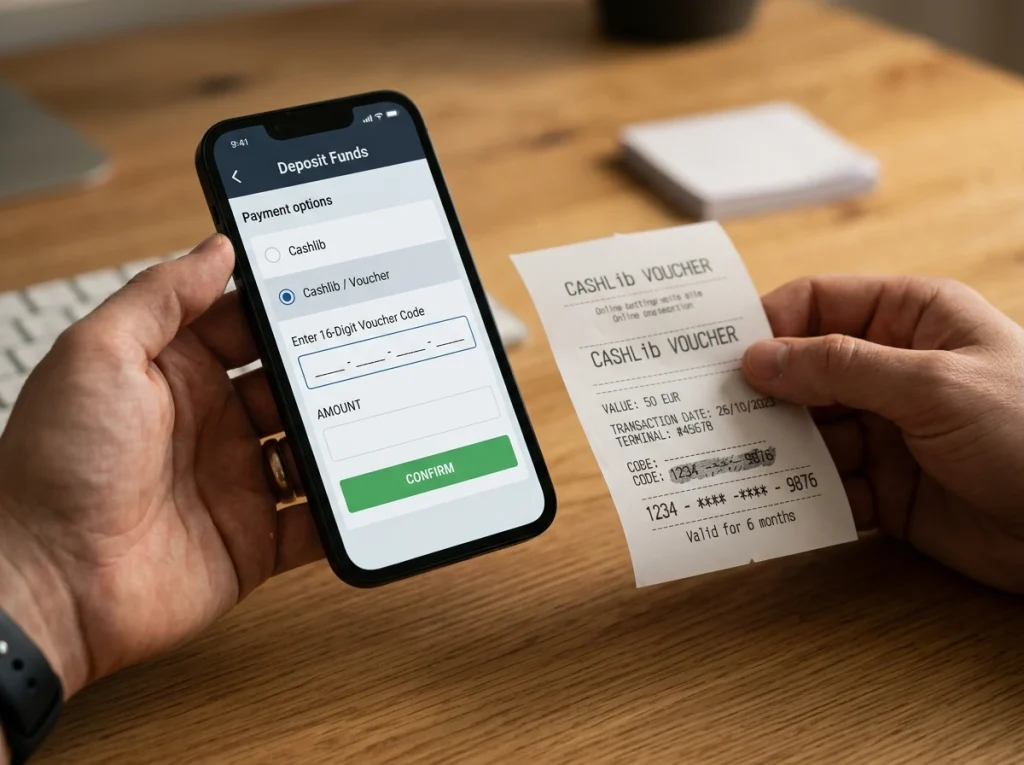 Smartphone-scherm met de stortingspagina van een Belgische bookmaker waarop een 16-cijferige Cashlib-pincode wordt ingevoerd.