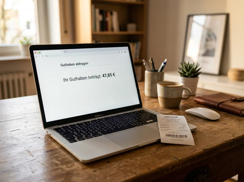 Computerscherm met het mycashlib-portaal waarop het resterend saldo van een Cashlib-voucher wordt weergegeven na een gedeeltelijke storting.