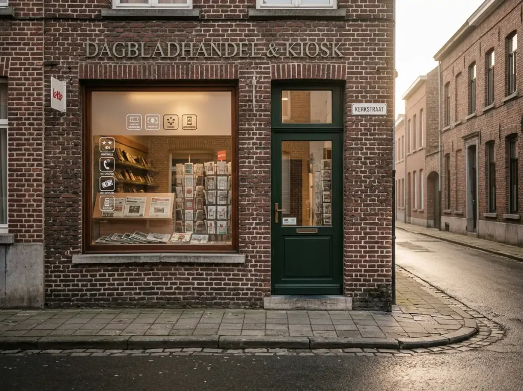De voorgevel van een Vlaamse dagbladhandel met een raamsticker voor prepaid-vouchers, op een rustige stadsstraat in de namiddag.