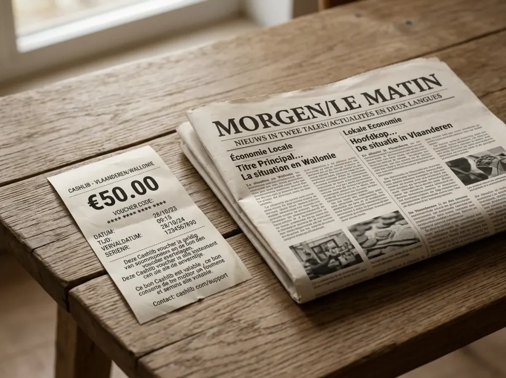 Een Cashlib-voucher met aankoopbon op een houten tafel naast een tweetalige Belgische krant in het ochtendlicht.
