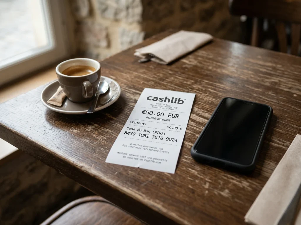 Cashlib voucher van vijftig euro met aankoopbon naast een smartphone met een Belgische sportwedstrijdpagina.