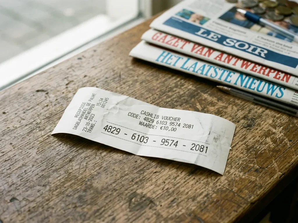 Cashlib voucher en de zestien-cijferige pincode klaar om te storten bij een Belgische bookmaker