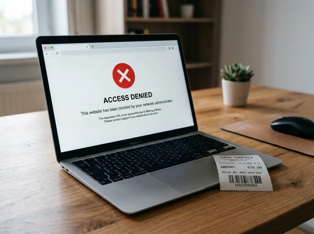 Een laptop met een waarschuwingsscherm naast een Cashlib-voucher op een Belgische bureau, met de KSC-pagina van geblokkeerde sites op het scherm.