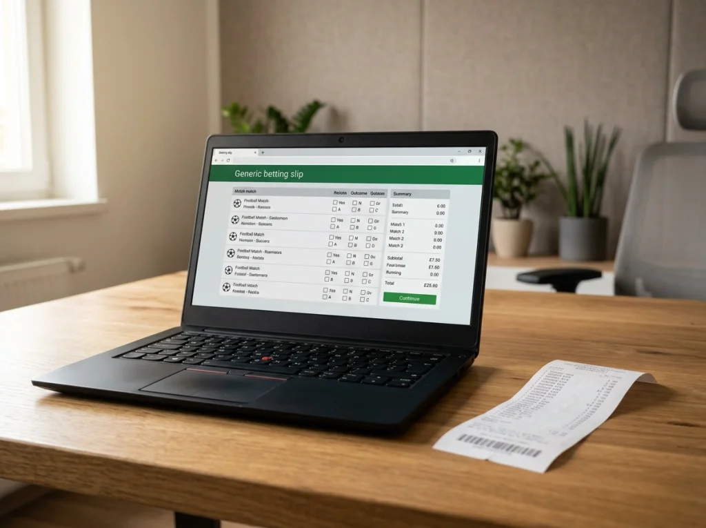 Een wedformulier op laptop met meerdere voetbalwedstrijden gecombineerd in één acca, naast een Cashlib-voucher op een houten bureau.