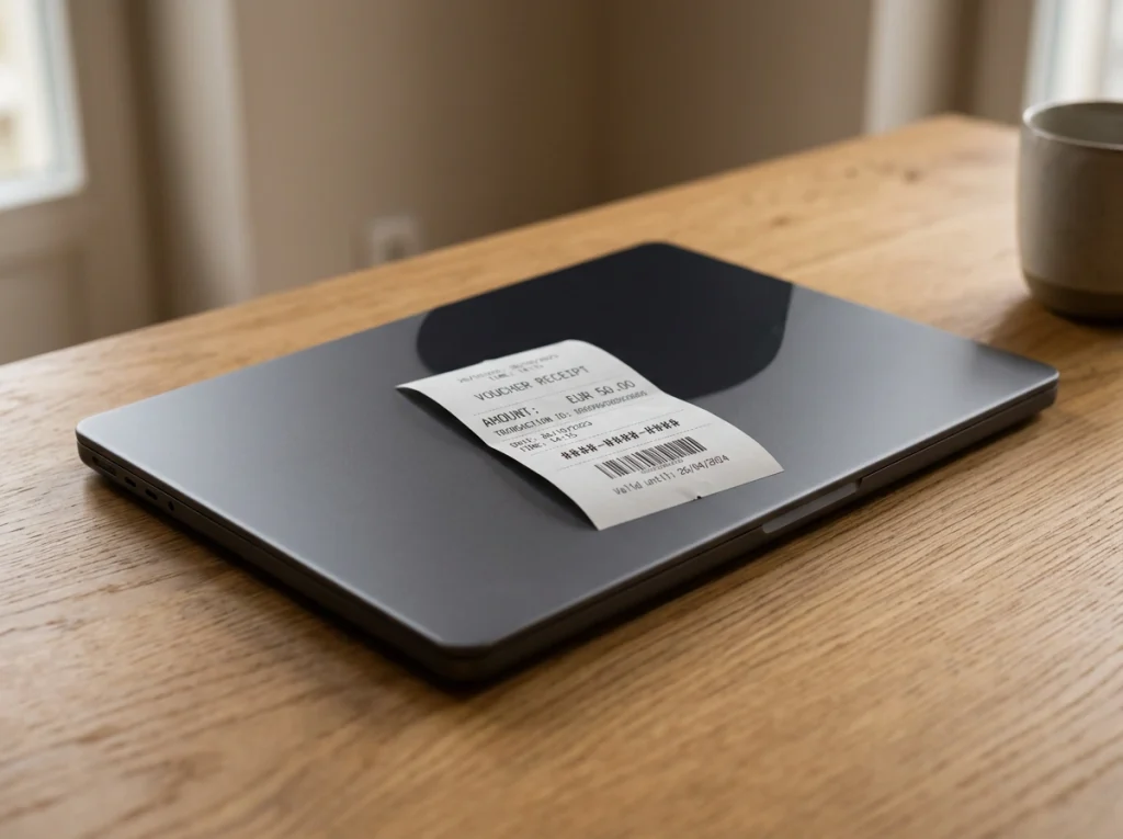 Een laptopscherm met een afgesloten spelersrekening en een EPIS-melding, naast een ongeopende Cashlib-voucher op een houten tafel.