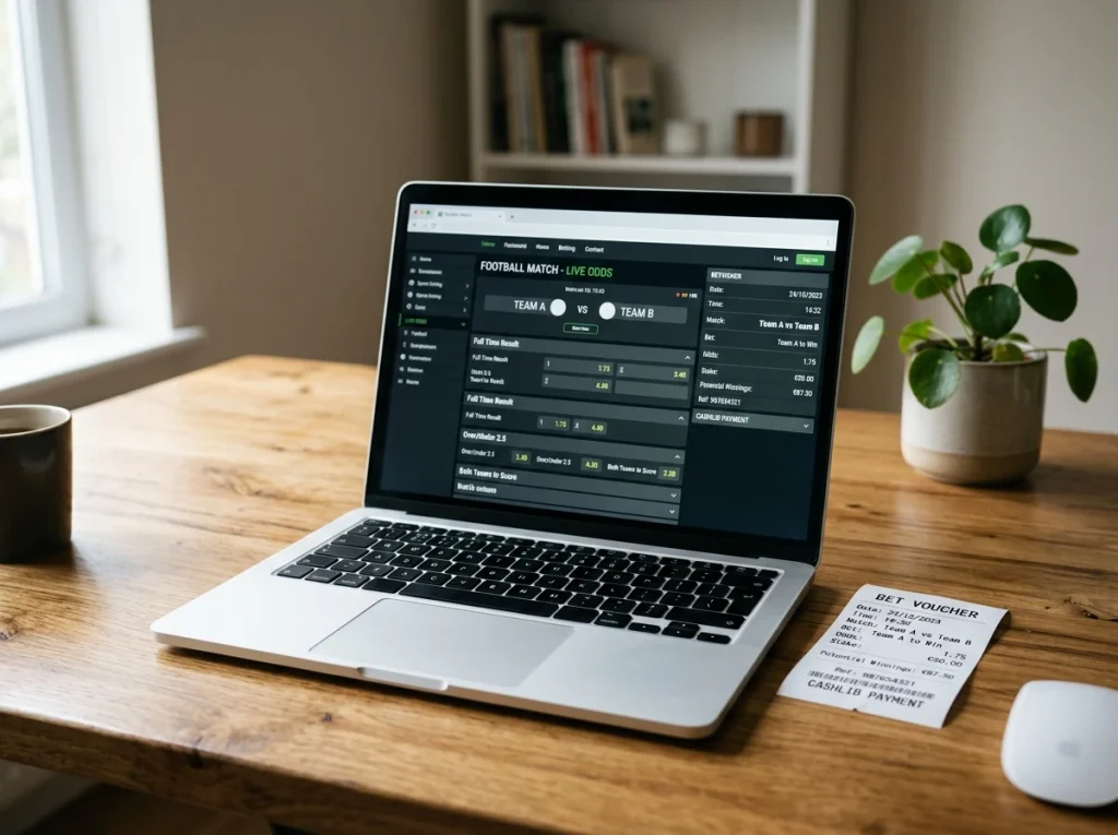 Een laptop op een houten bureau die de wedmarkten van een Jupiler Pro League-wedstrijd toont, met een Cashlib-voucher ernaast.