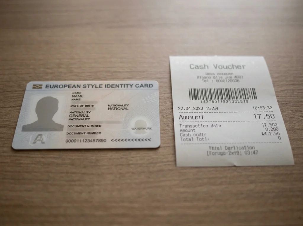 Een Belgische identiteitskaart naast een Cashlib-voucher op een houten tafel, met het cijfer 21 op de achtergrond licht zichtbaar in het tafelblad.