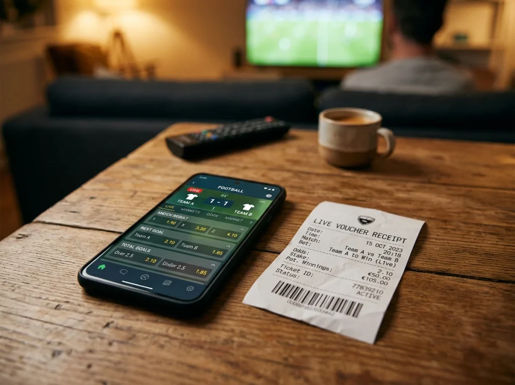 Een smartphone op een salontafel met de live-wedmarkten van een Belgische voetbalwedstrijd geopend, naast een Cashlib-voucher.