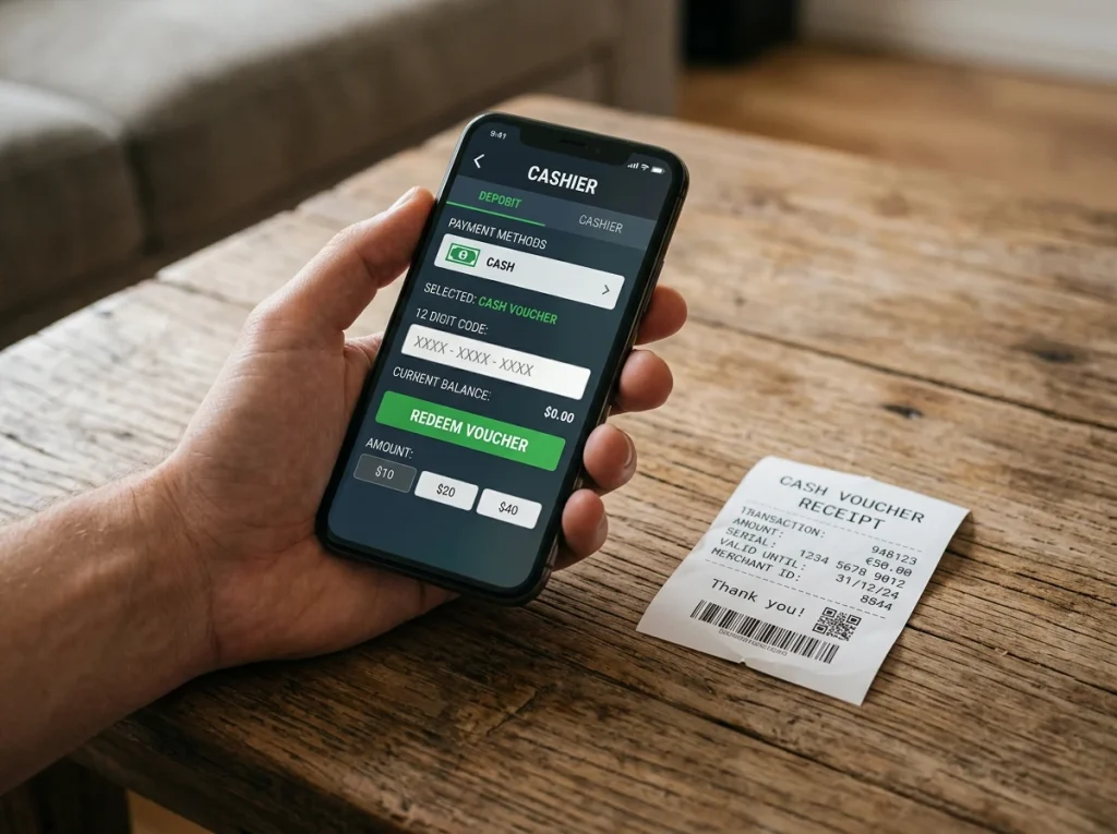 Een smartphone met de cashier-sectie van een Belgische F1+ bookmaker open en een Cashlib-voucher ernaast op een tafel.