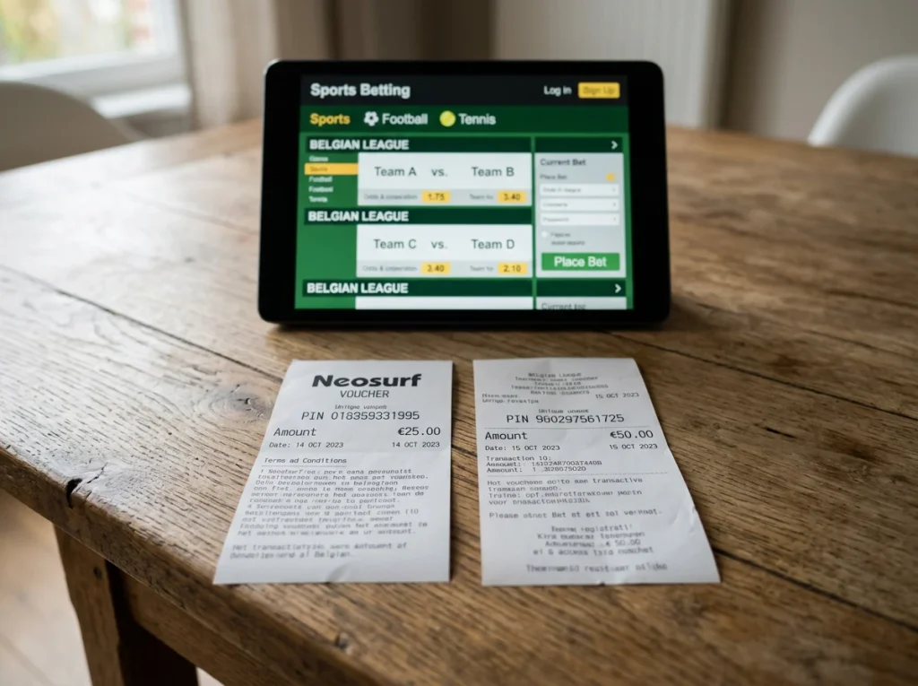 Een Neosurf-voucher op een houten tafel naast een Cashlib-voucher en een tablet die een Belgische F1+ bookmaker toont.