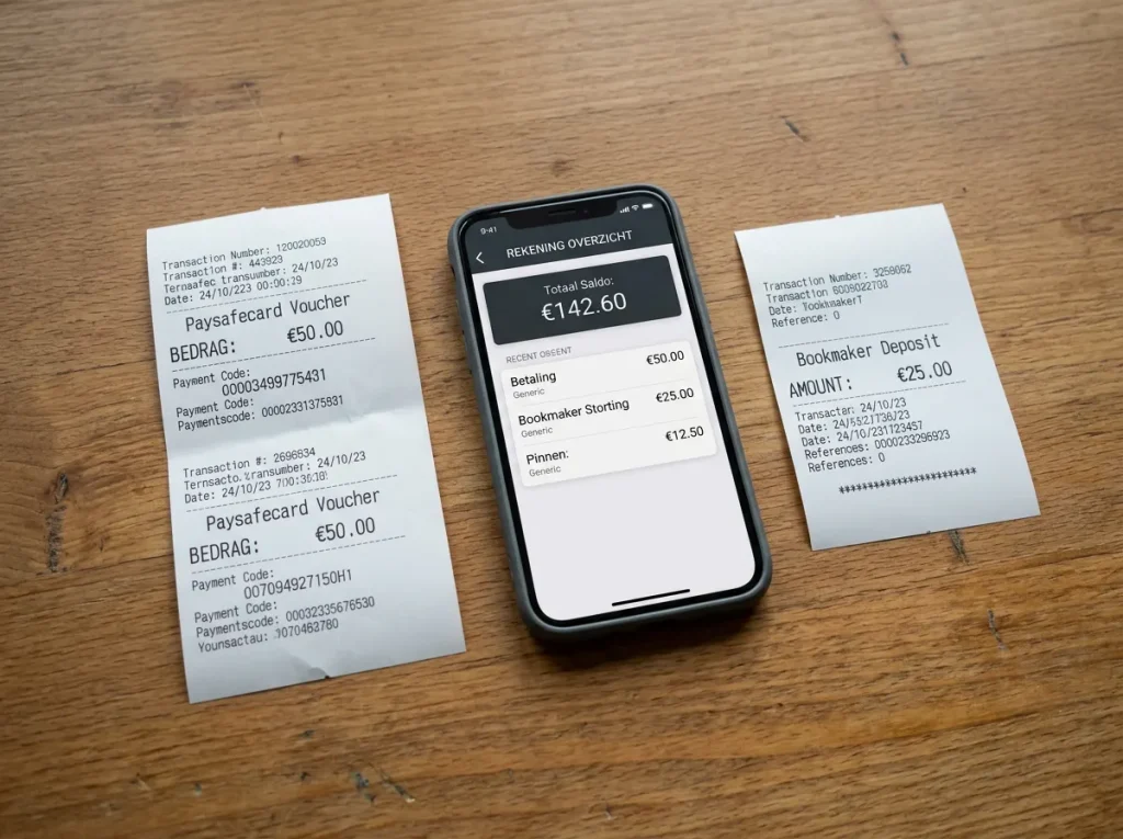 Een Paysafecard-voucher en een Cashlib-voucher naast elkaar op een bureau, met een Belgische bookmaker-app op een smartphone tussen beide vouchers.