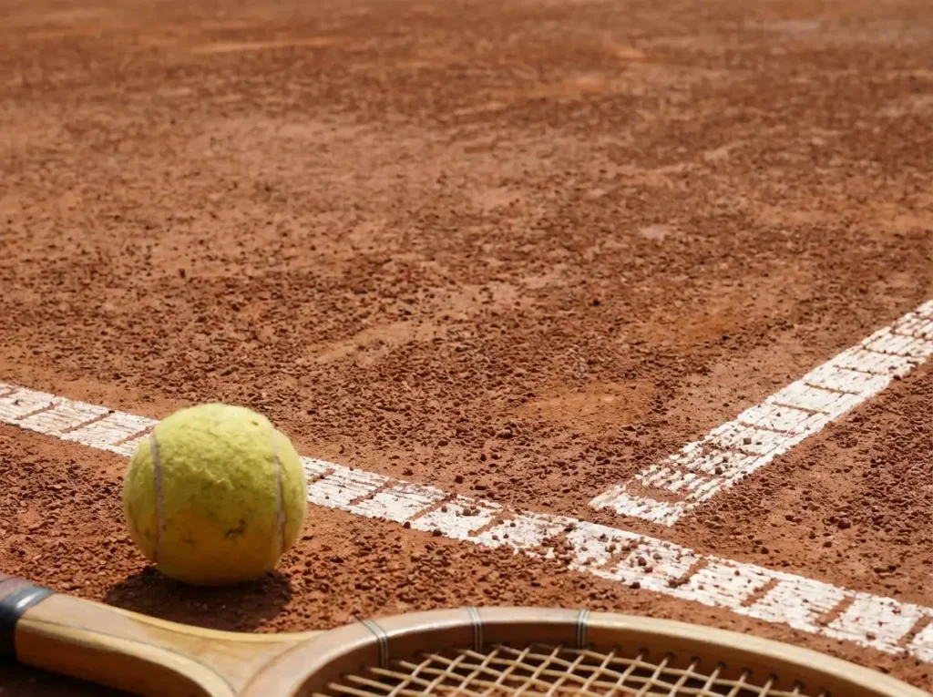 Een tennisbaan met krijtlijnen in close-up, daarboven een mobiele telefoon met live-stand van een ATP-wedstrijd en een Cashlib-voucher op de tafel.