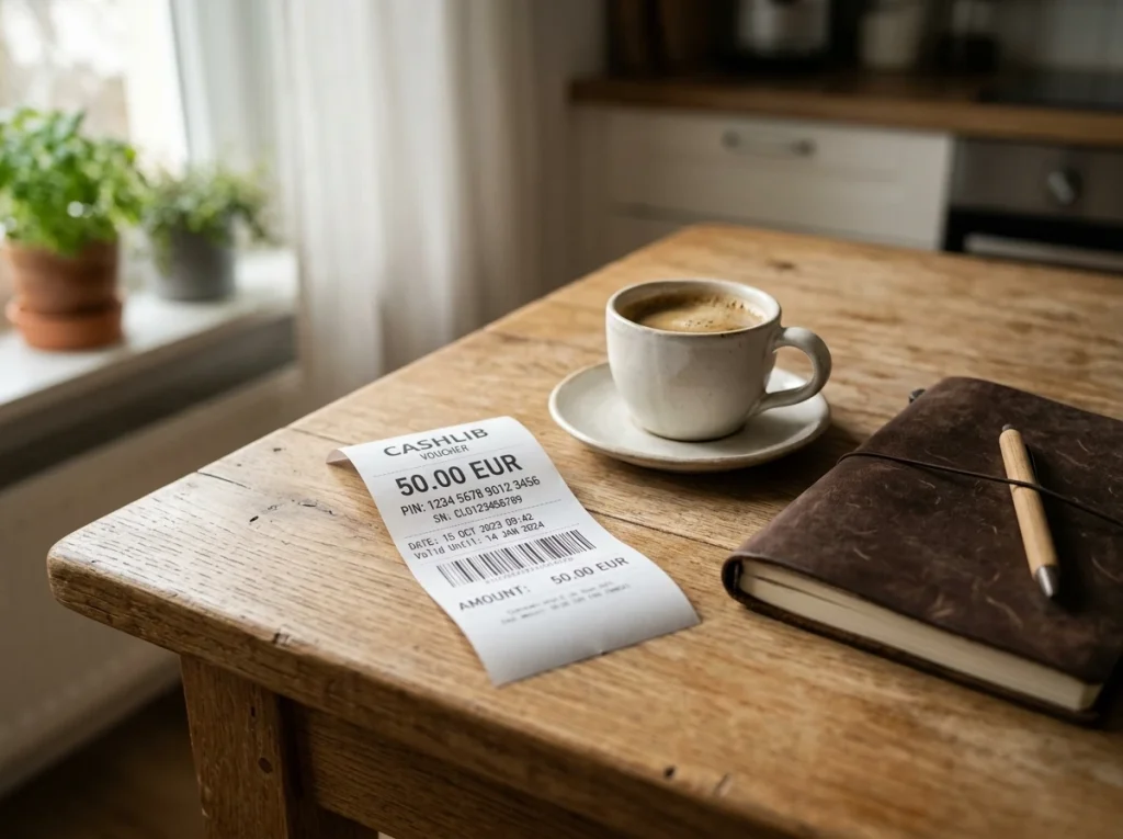 Een Cashlib-voucher van vijftig euro op een keukentafel naast een notitieboekje en een kop koffie in zacht ochtendlicht.