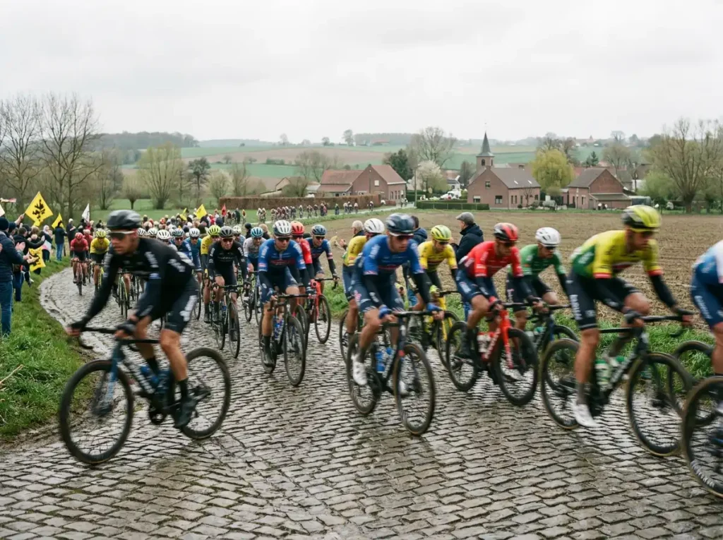 Een wielerpeloton op de kasseien van een Vlaamse klassieker, daarboven een tablet met live-uitzending en een Cashlib-voucher op de eettafel.