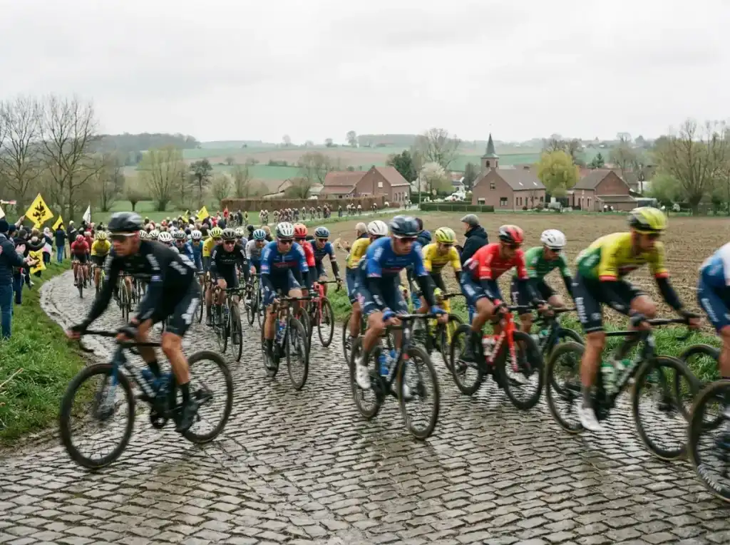 Een wielerpeloton op de kasseien van een Vlaamse klassieker, daarboven een tablet met live-uitzending en een Cashlib-voucher op de eettafel.